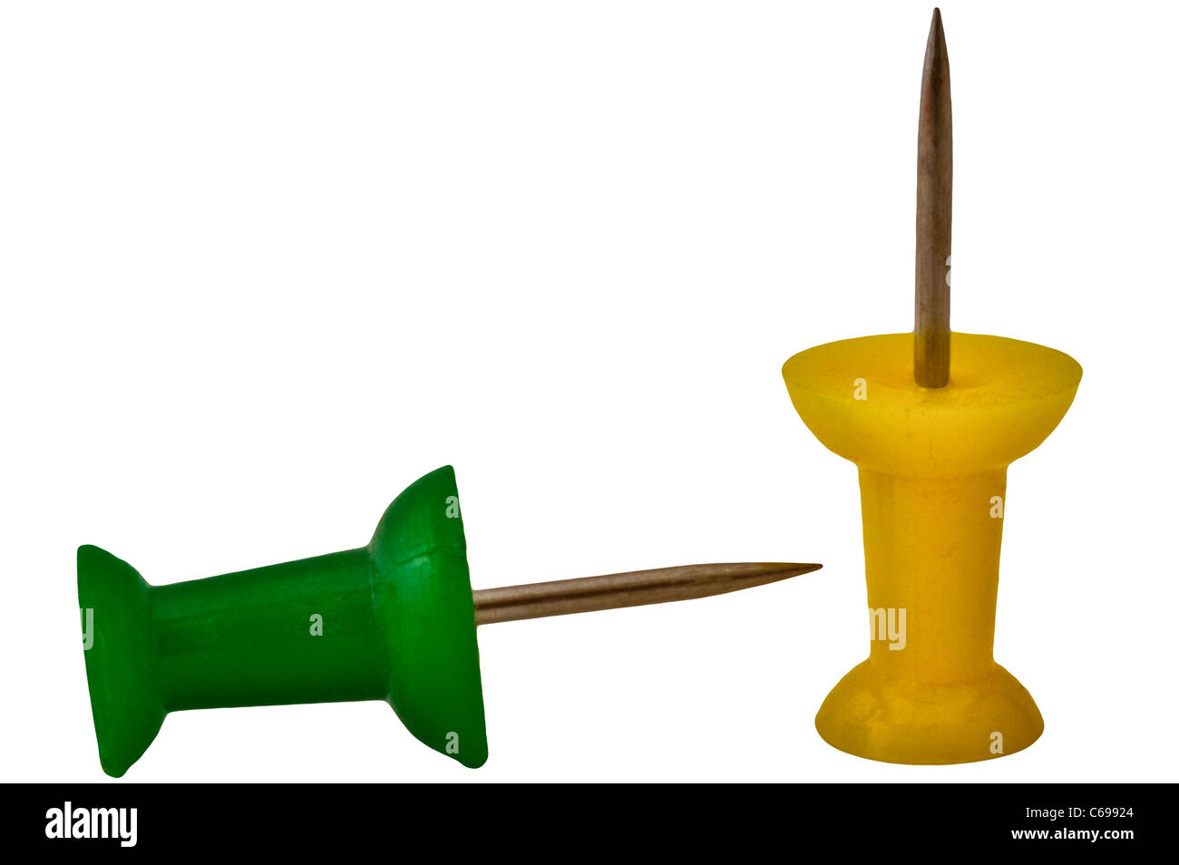 Due disegno / pin pin della scheda, close up cut out (verde e giallo). Vista dal lato. Close up (macro) Foto Stock