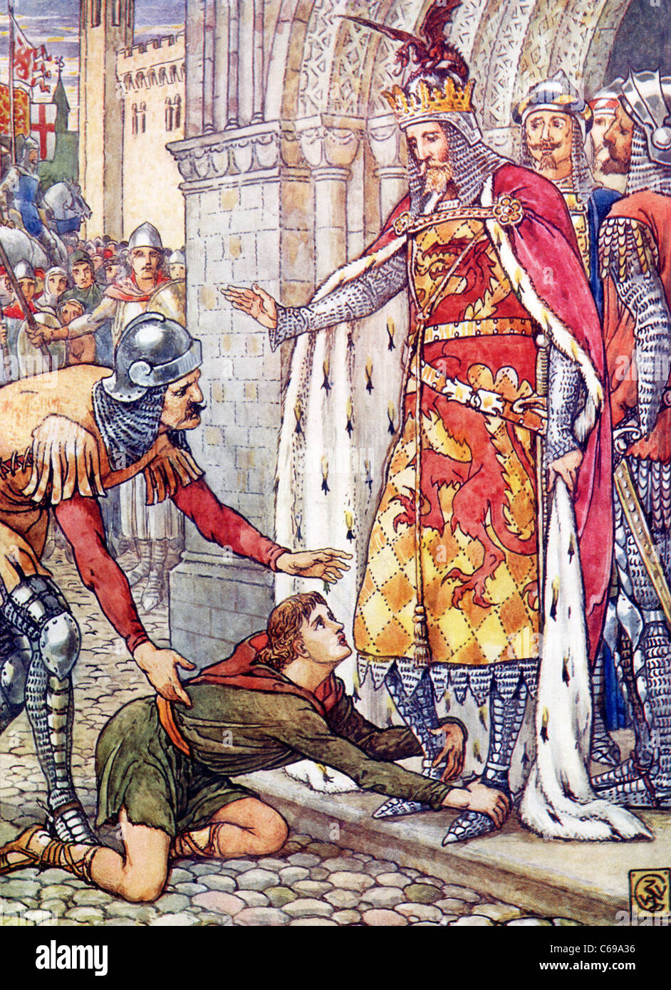 Nella leggenda arturiana, il giovane Owen pagina salvata King Arthur a partire dalla mezzanotte di omicidio a mano del male Sir Turquine. Foto Stock