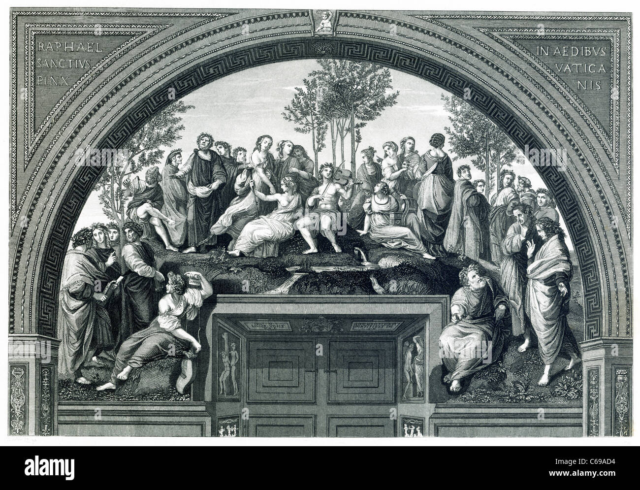 Papa Giulio ha commissionato il pittore italiano Raffaello a decorare le camere in Vaticano. Questo affresco è intitolato Parnassus. Foto Stock