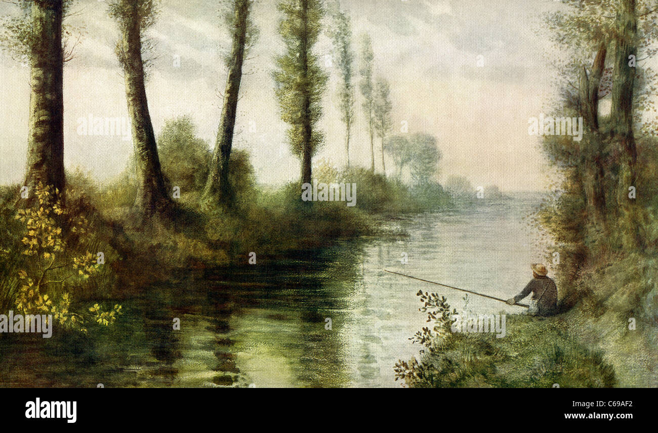 Un canale con un pescatore da Alphonse Legros è parte del Victoria and Albert Museum di Londra. Foto Stock