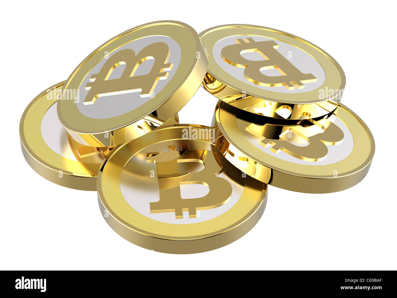 Pila di bitcoins isolato su bianco. Foto Stock