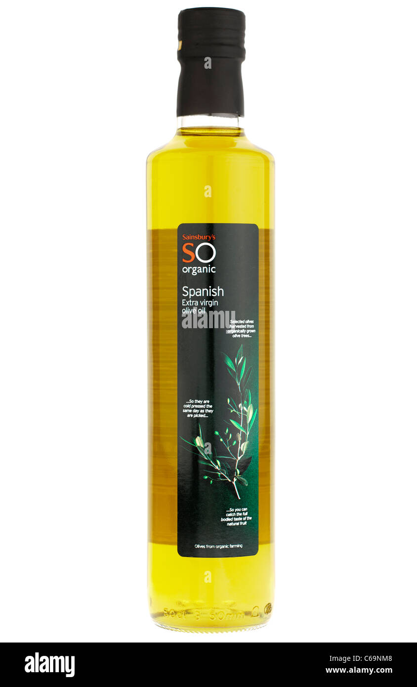 Snella bottiglia di Sainsburys spagnolo organico olio extra vergine di oliva Foto Stock