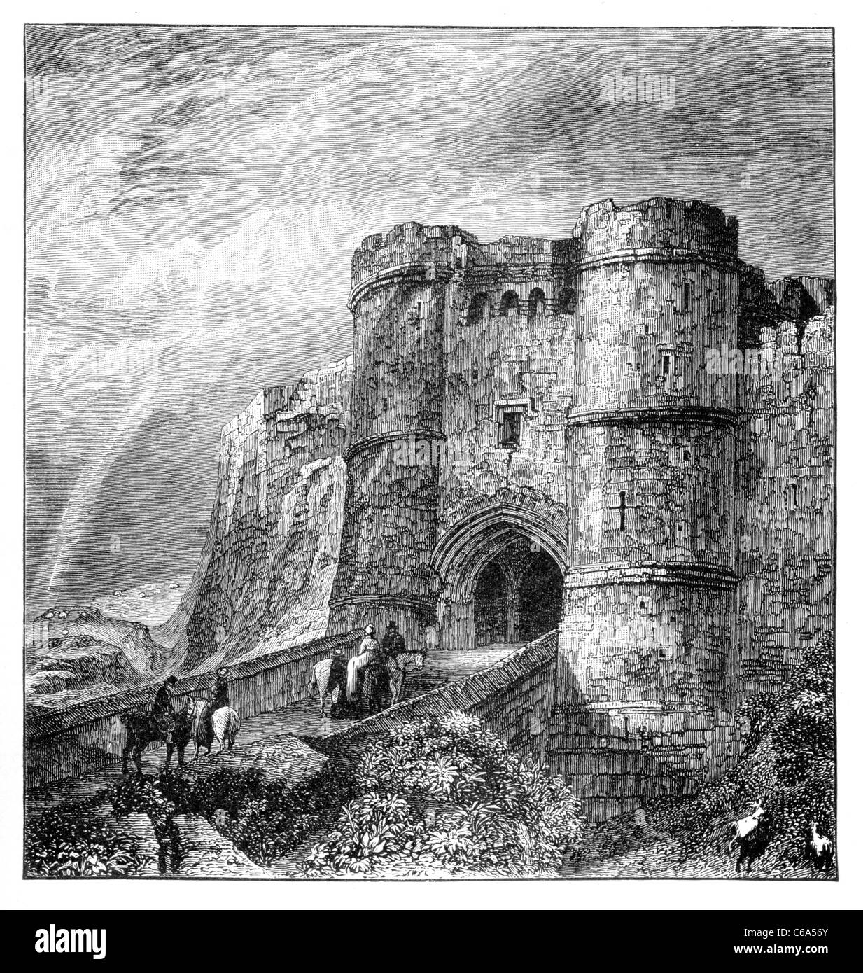 Il gateway del castello di Carisbrooke, Isle of Wight, secolo XIX in bianco e nero illustrazione Foto Stock