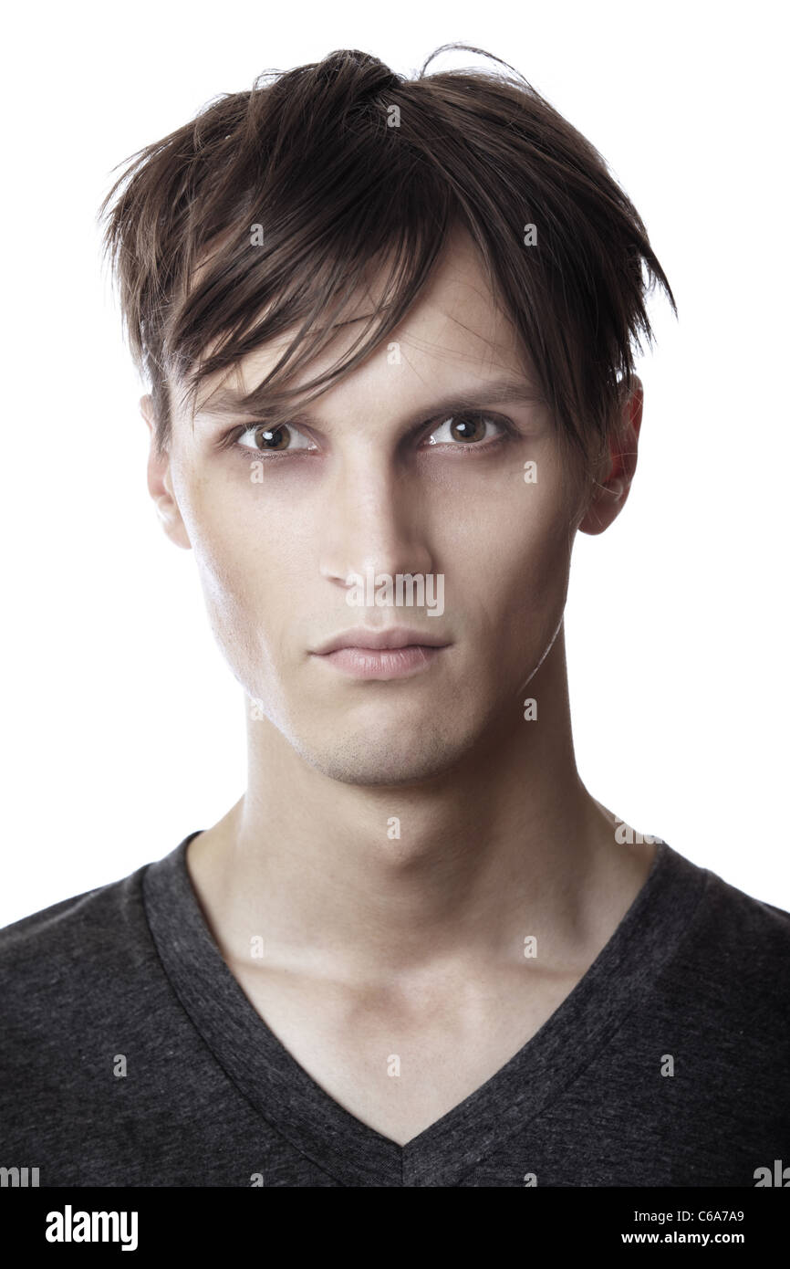 Mugshot di esaurito uomo su sfondo bianco Foto Stock