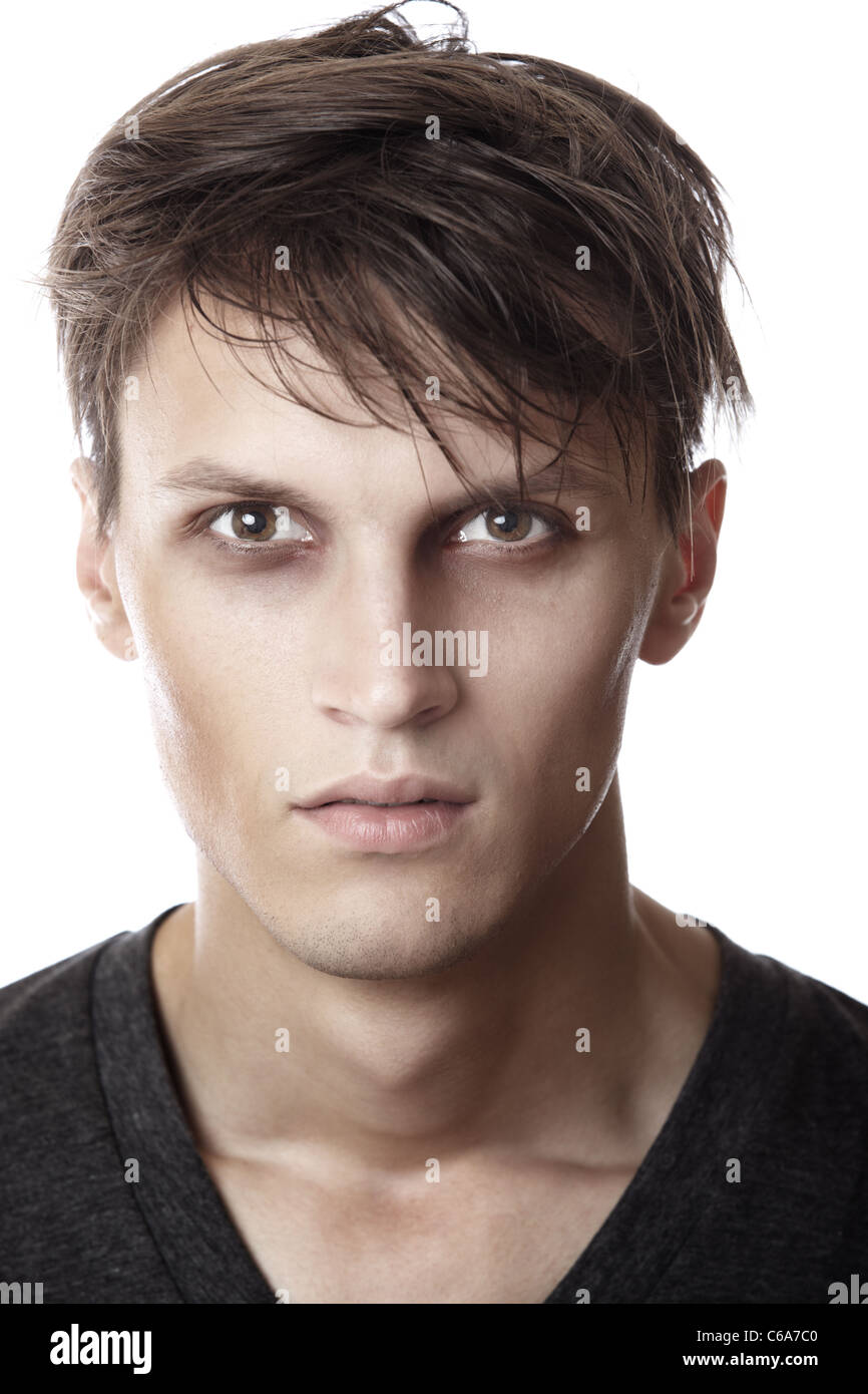 Mugshot di esaurito uomo su sfondo bianco Foto Stock