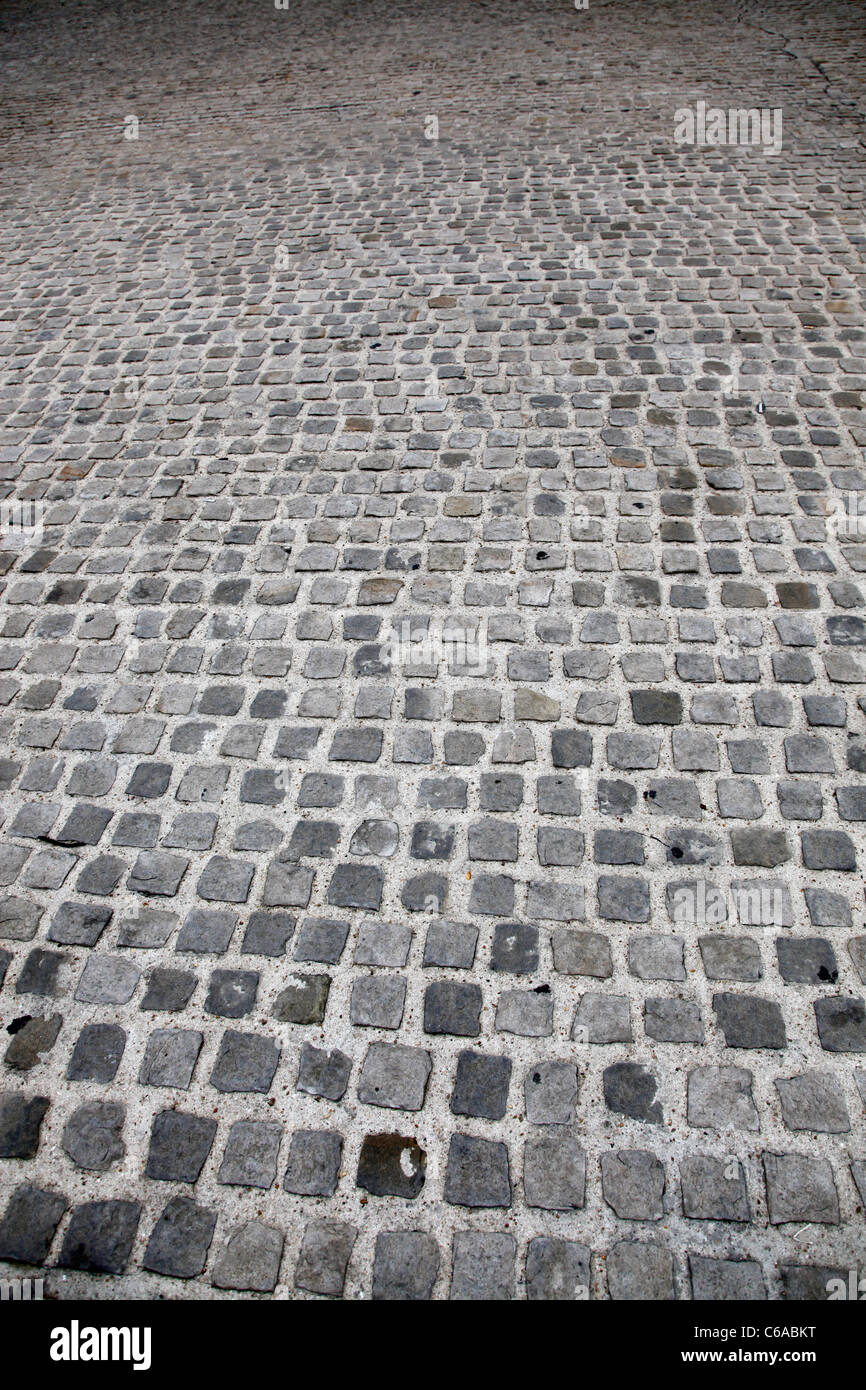 Ciottoli su una strada acciottolata a Parigi, Francia Foto Stock