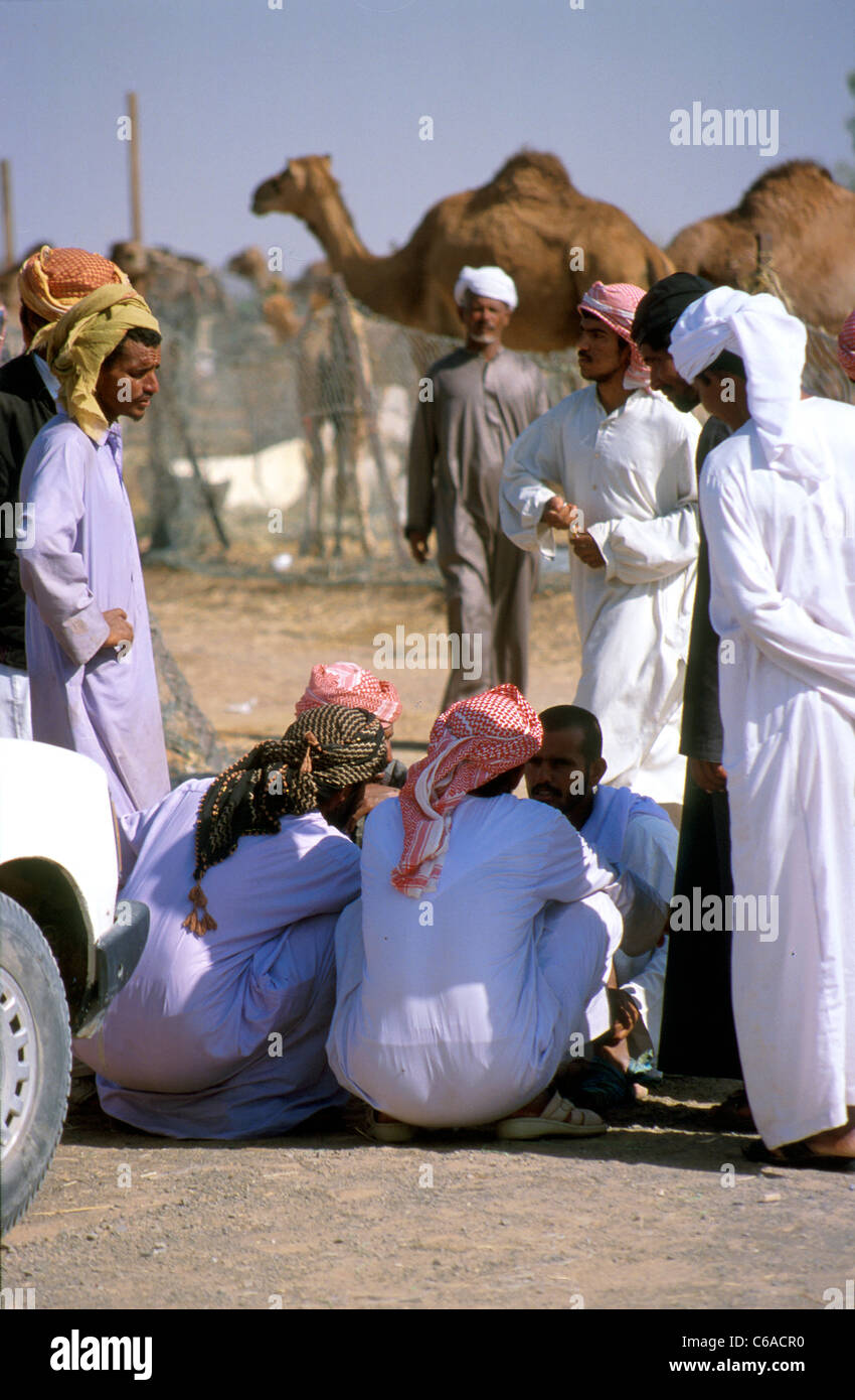 Gli acquirenti e i venditori al mercato di cammelli al di fuori della città gemella di Buraimi, Sultanato di Oman e Al Ain, Emirati arabi, nel 1998. Foto Stock