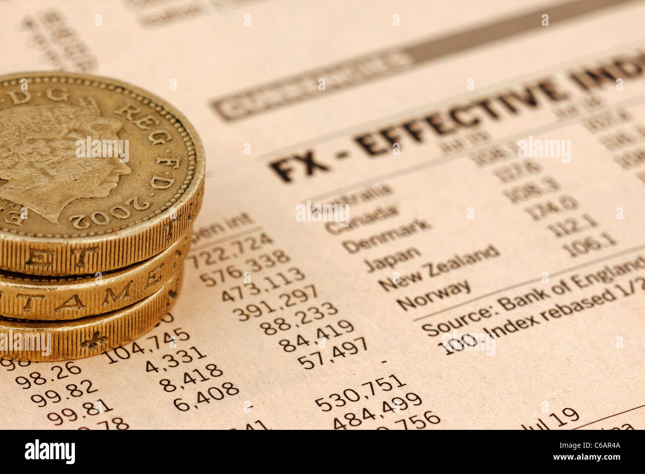 Close up libre tre monete in una pila di una pagina dal Financial Times Foto Stock