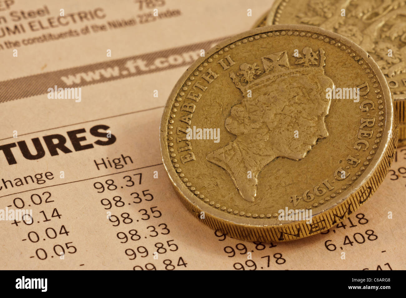 In prossimità dei due UK pound monete su una pagina di un quotidiano finanziario Foto Stock