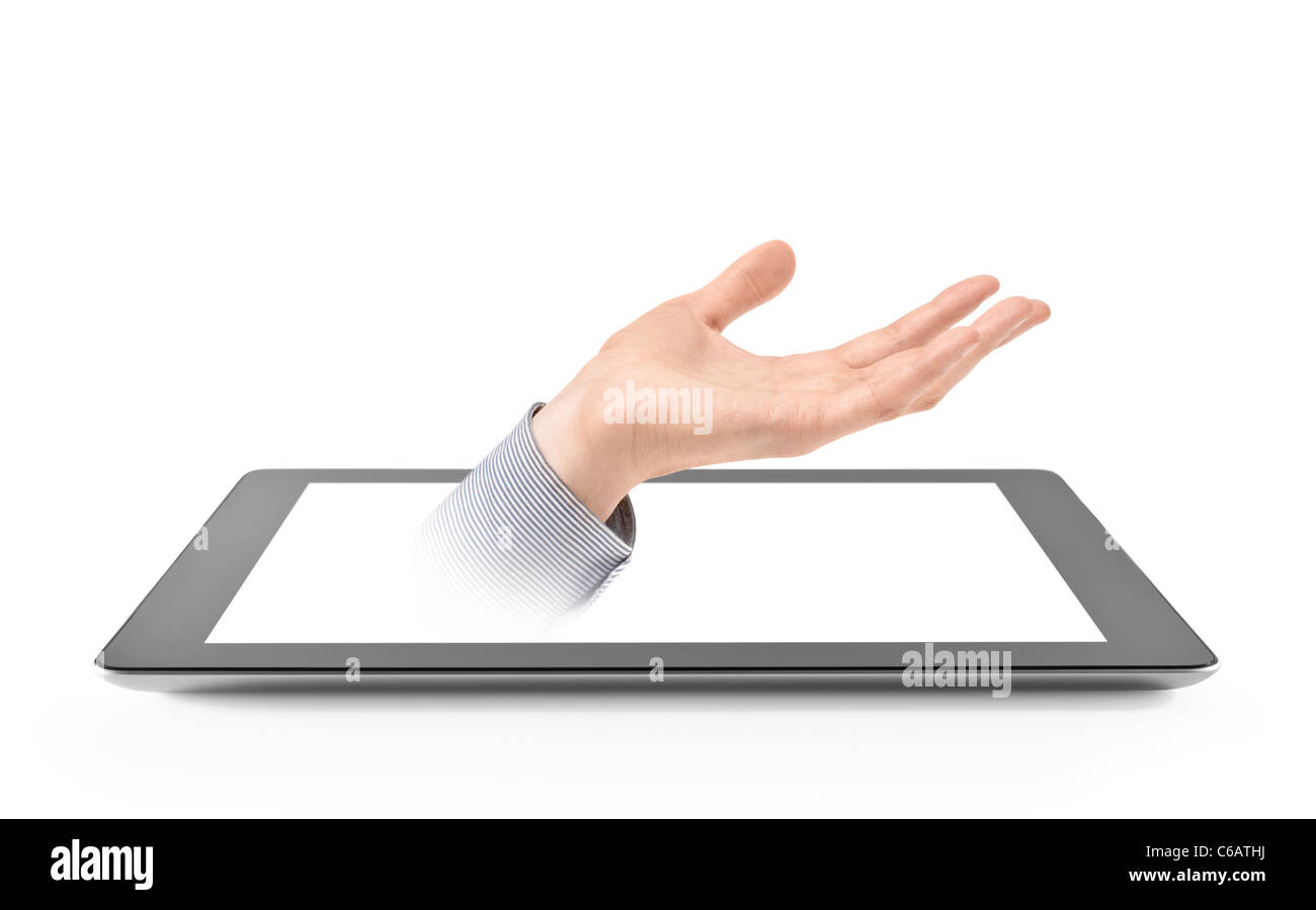 Proporre la mano da digitale compressa. Isolato su bianco. Foto Stock