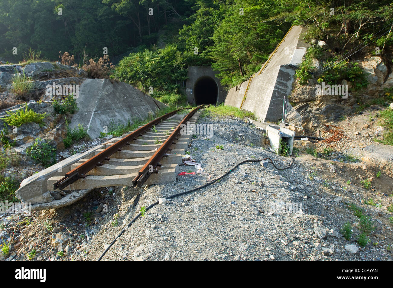 I binari ferroviari spostata dalla forza di un tsunami Foto Stock