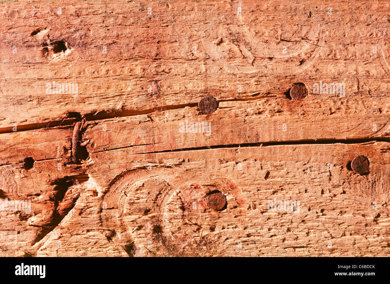 Dettaglio di una corsa verso il basso tavolato in legno che mostra crepe e un certo numero di rusty nailheads. Foto Stock