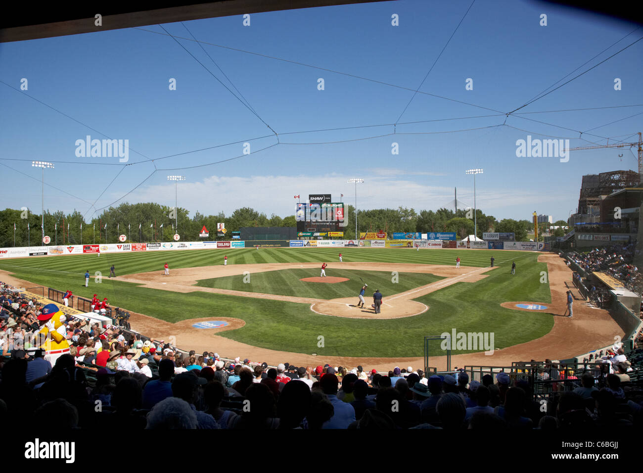 Partita in corso presso Shaw Park baseball stadium precedentemente canwest home al Winnipeg goldeyes Winnipeg Manitoba Canada Foto Stock