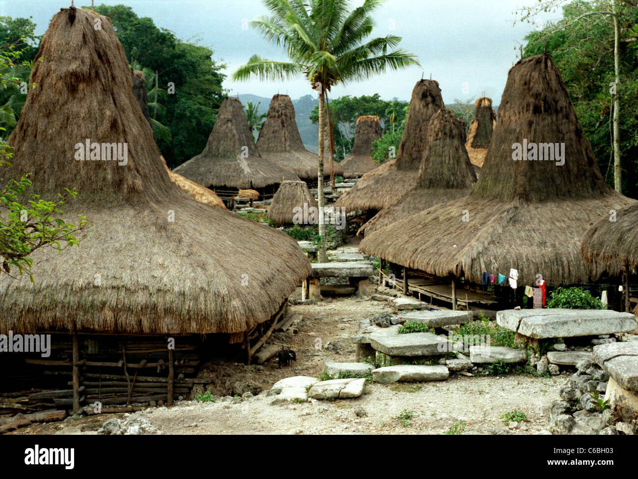 Adat tradizionale villaggio, Sumba, Nusa Tenggara orientale, Indonesia orientale, nel 1987 Foto Stock