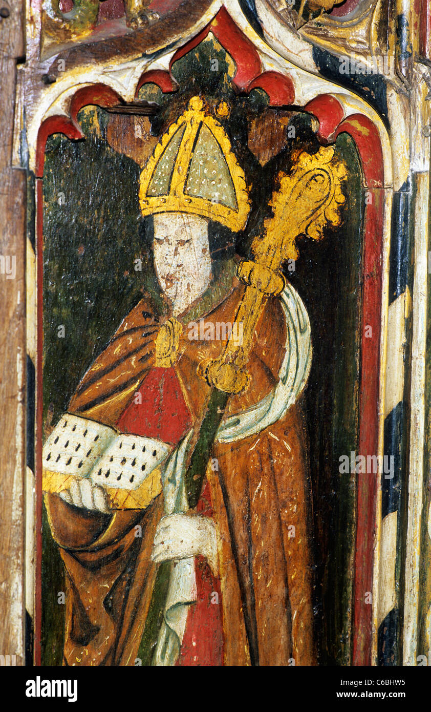 Morston, Norfolk. Rood screen, Sant'Agostino, Vescovo di Ippona, uno dei quattro paesi latino-Dottori della Chiesa le schermate in inglese Foto Stock