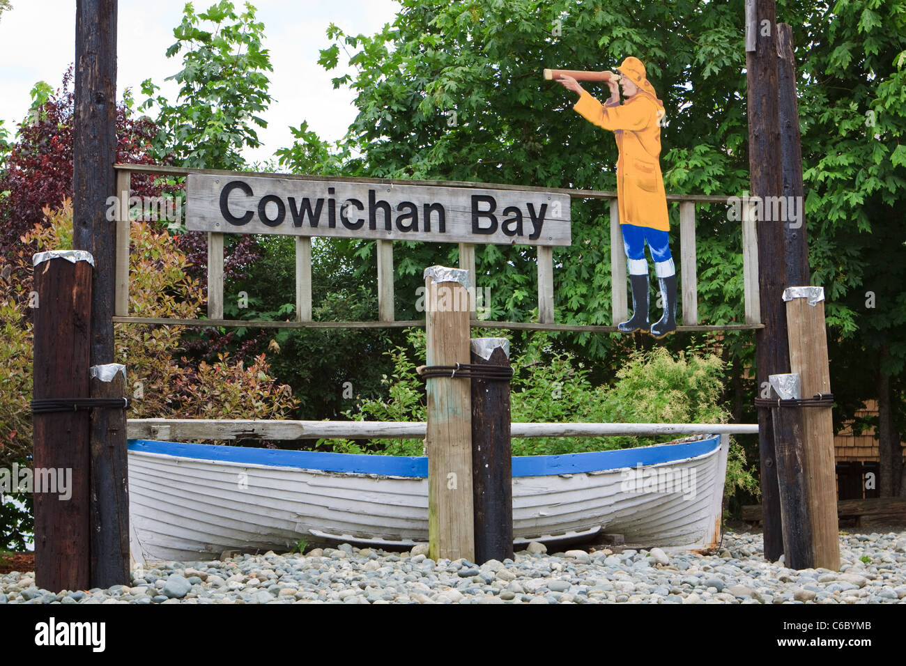 Cowichan Bay Town targhetta firmare l'isola di Vancouver in Canada Foto Stock