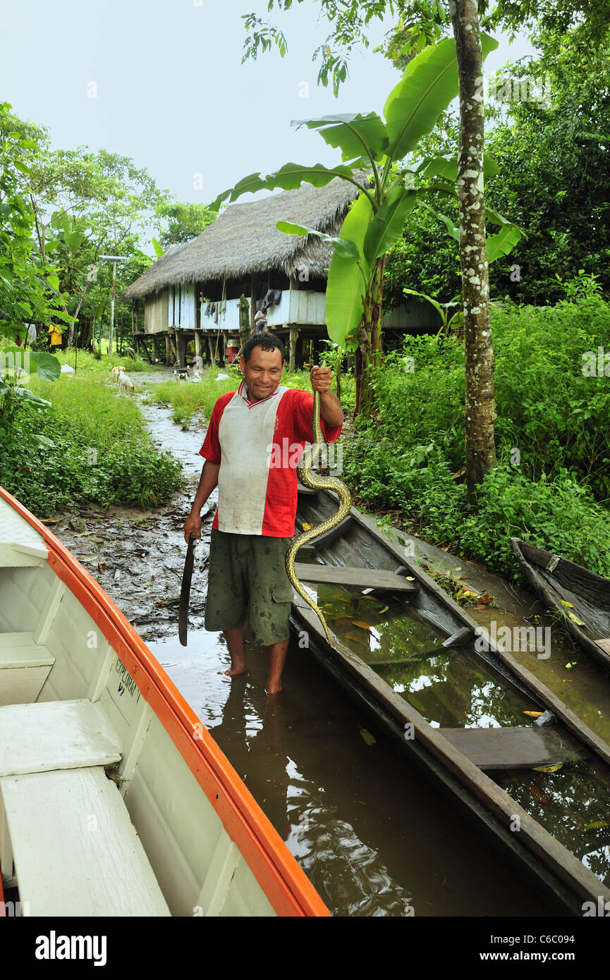 Il contadino le catture snake, fiume del Amazon, Perù Foto Stock