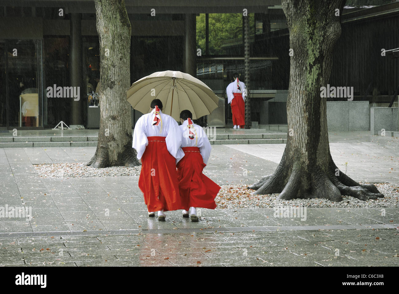 Ragazze in abbigliamento tradizionale giapponese cross oltre il cortile del famoso Santuario Meiji-Jingu a Tokyo sotto la pioggia pesante Foto Stock