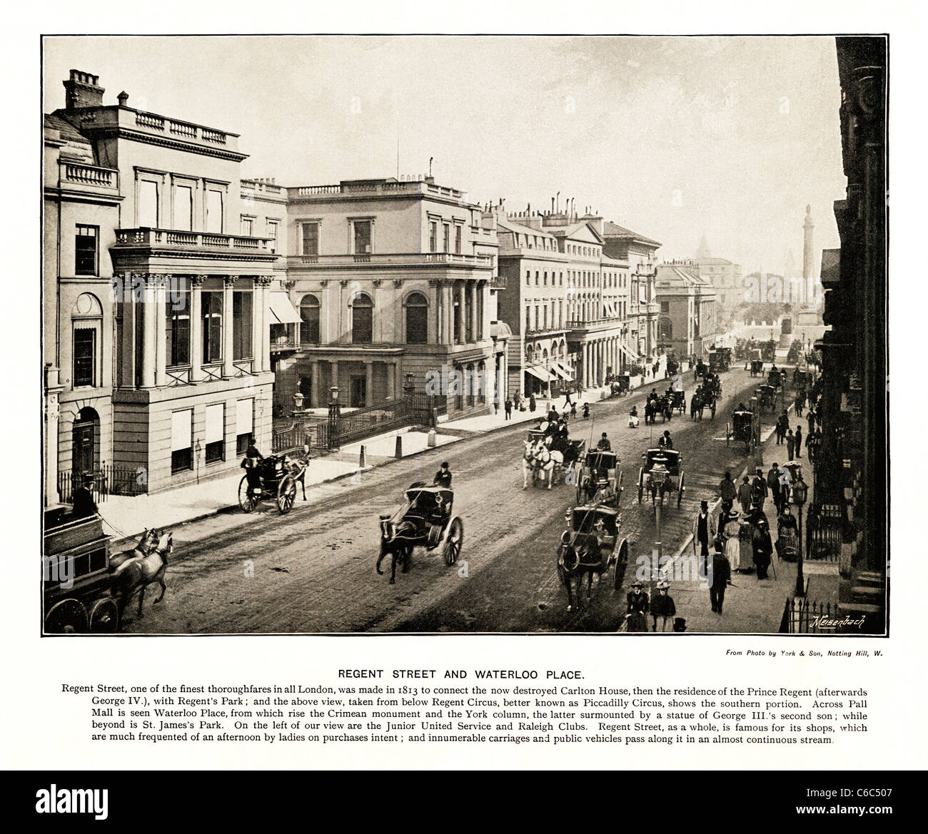 Regent Street e Waterloo Place, London, 1897 Victorian fotografia della vista da Piccadilly Circus giù per la colonna di York Foto Stock