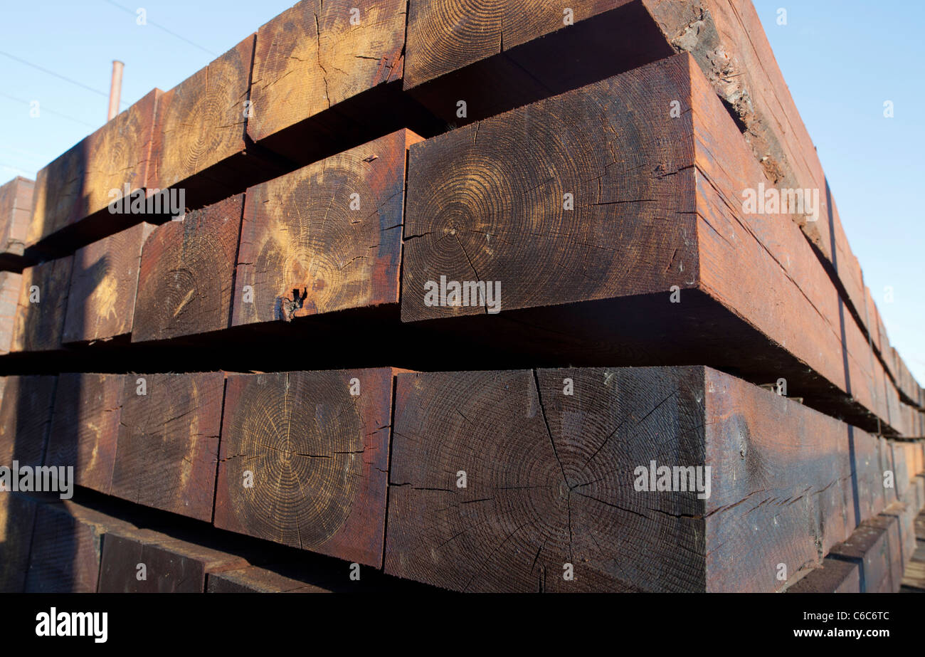 Nuovissime travi quadrate in legno usate come traversine ferroviarie, Finlandia Foto Stock