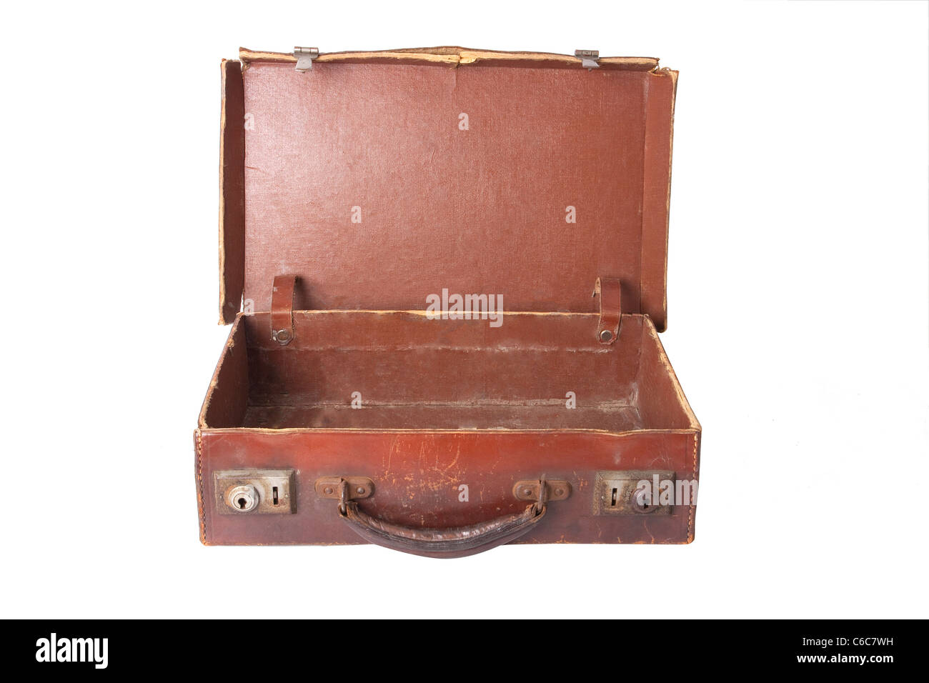 Vecchio Brown Antique vintage aprire valigia vuota su bianco Foto Stock