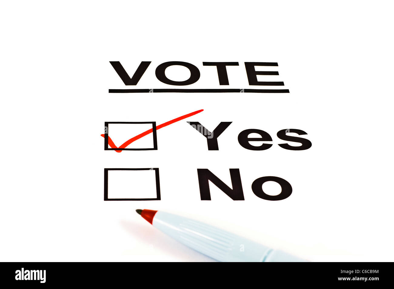 Sì / No votazione scrutinio forma con sì controllato isolato su bianco Foto Stock