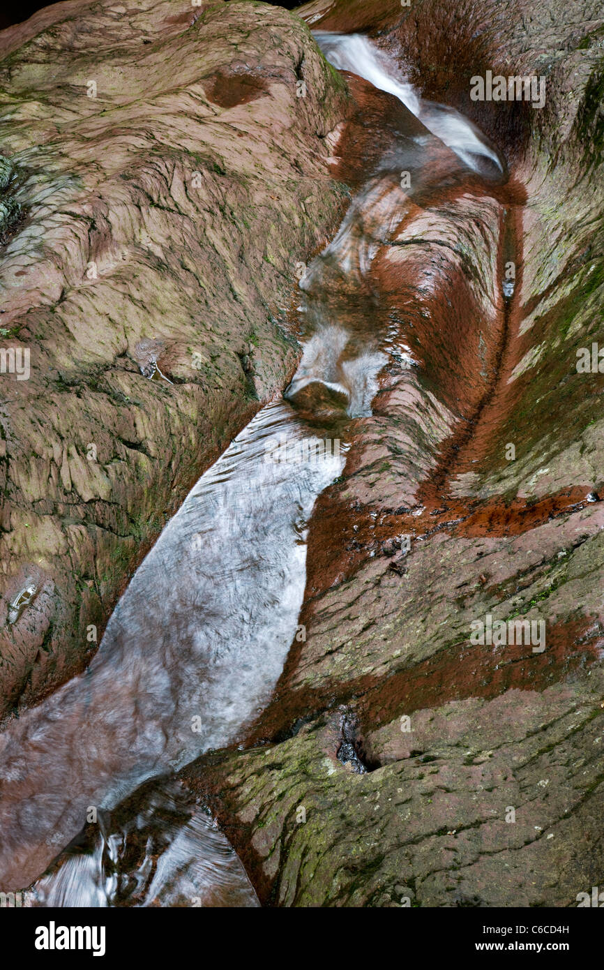 Erosione di Burrone in roccia dalla cascata Ninglinspo vicino Remouchamps, Aywaille, Ardenne belghe, Belgio Foto Stock