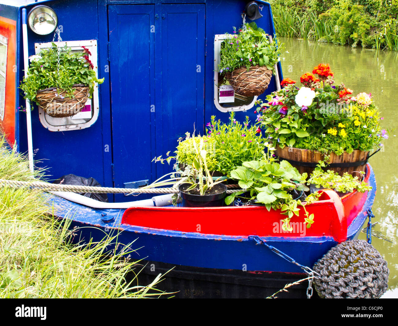 La colorata prua di una narrowboat con contenitori di piante e fiori invasati ormeggiate lungo un canale banca Foto Stock