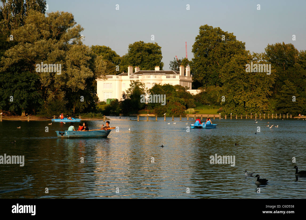 Vista sul lago in barca a Holme, Regent's Park, London, Regno Unito Foto Stock