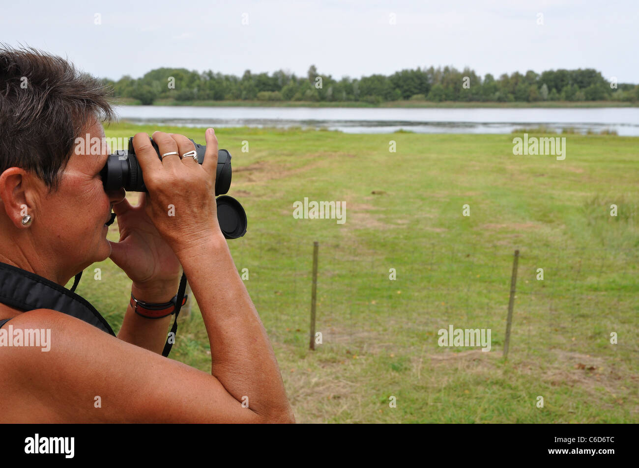 Senior donna guardando gli uccelli in un lago Foto Stock