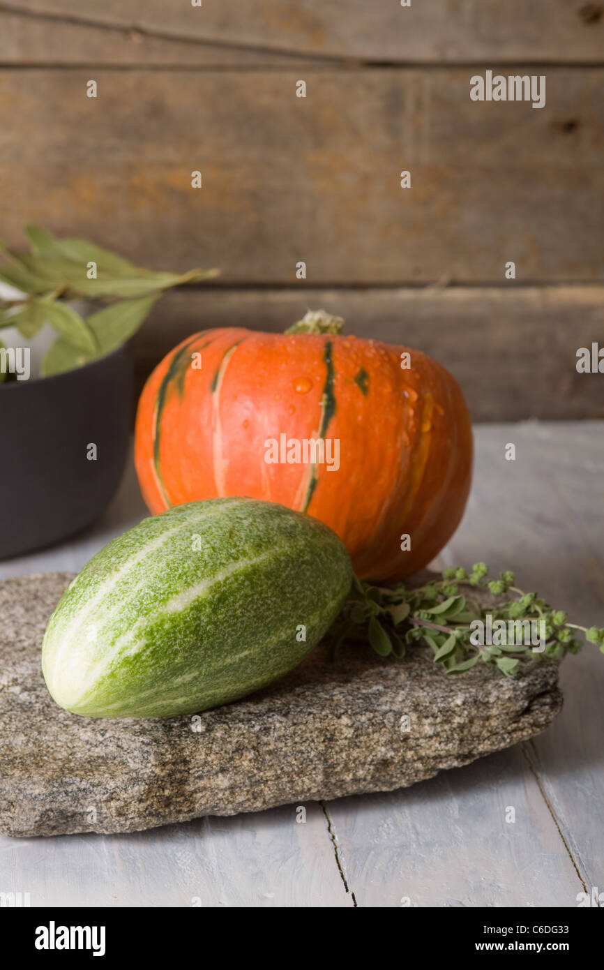 Hokkaido squash con stufati di cetriolo su una pietra Foto Stock