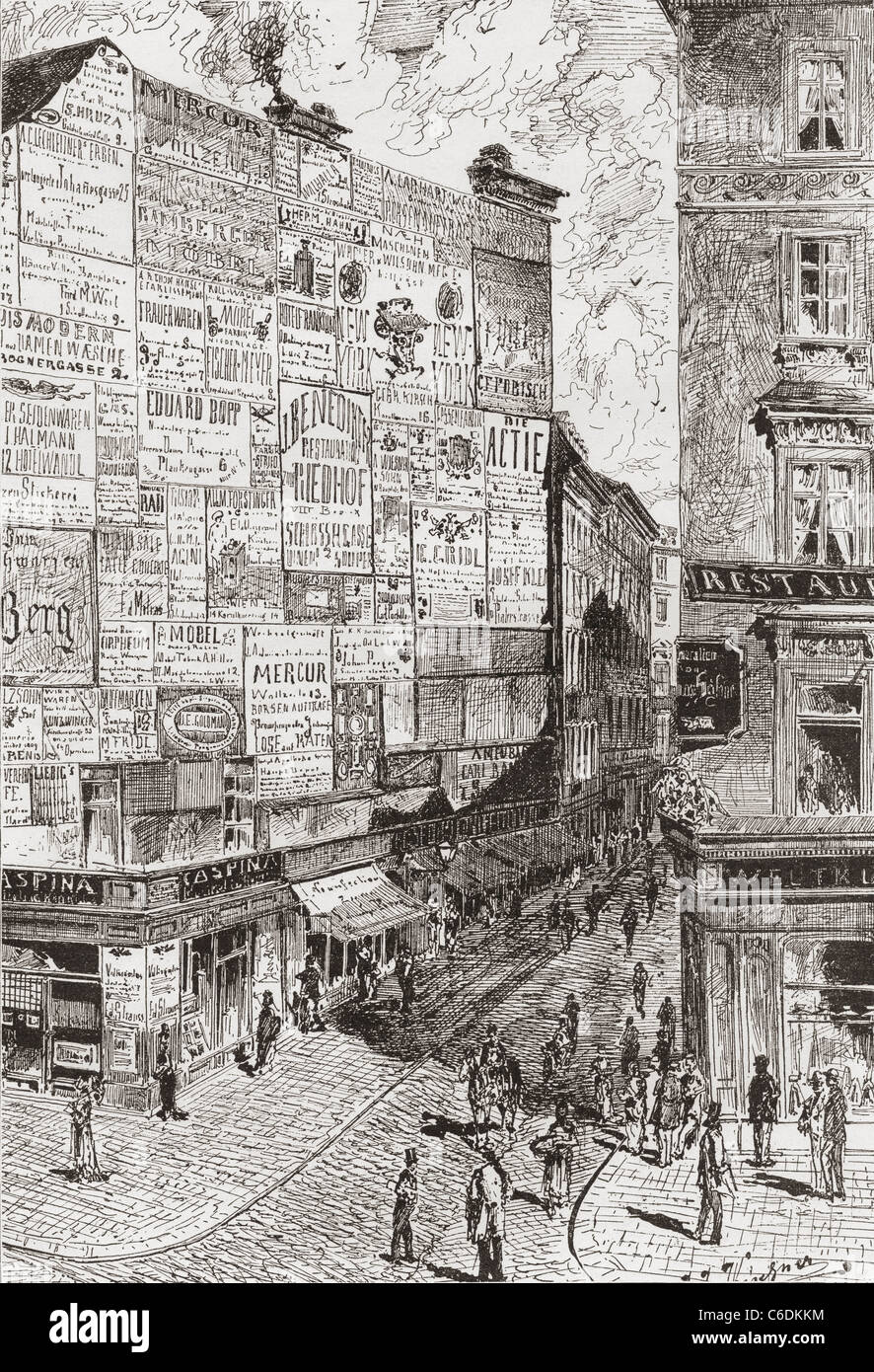 Una parete di pubblicità su una strada di Vienna in Austria nel XIX secolo. Foto Stock