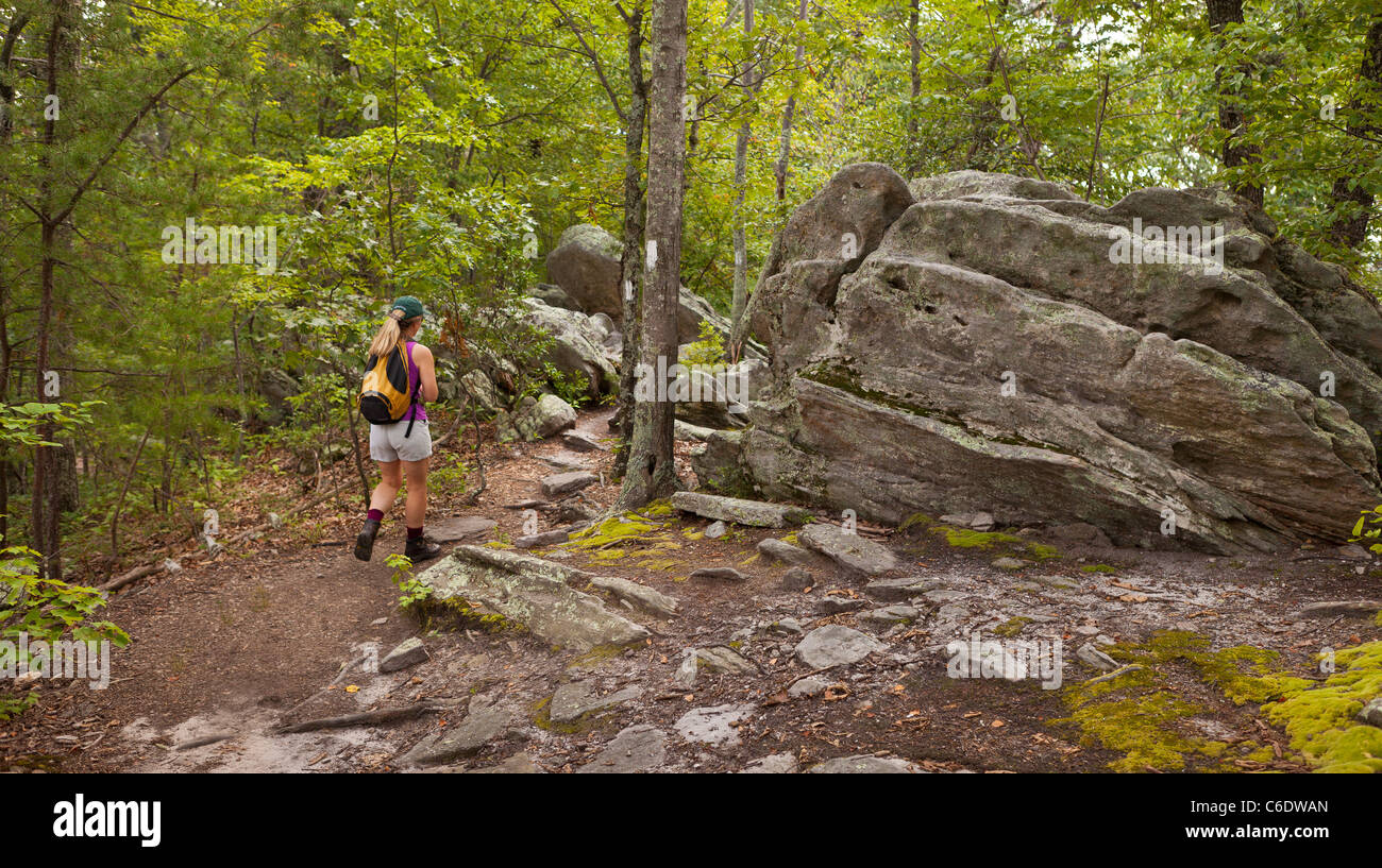APPALACHIAN TRAIL, Virginia, Stati Uniti d'America - Donna passeggiate su sentiero a McAfee manopola sulla montagna Catawba, vicino alla città di Roanoke. Foto Stock