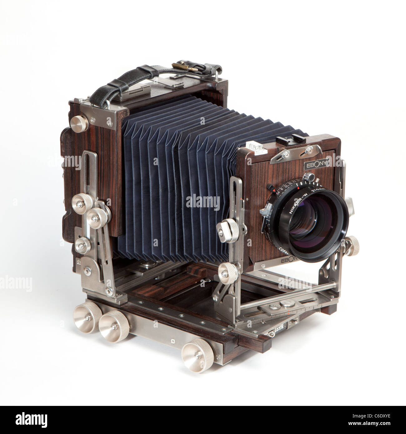 Visualizza fotocamera di grande formato di fotocamera, campo, fotocamera fotocamera lf, 4x5 fotocamera con movimenti su sfondo bianco Foto Stock