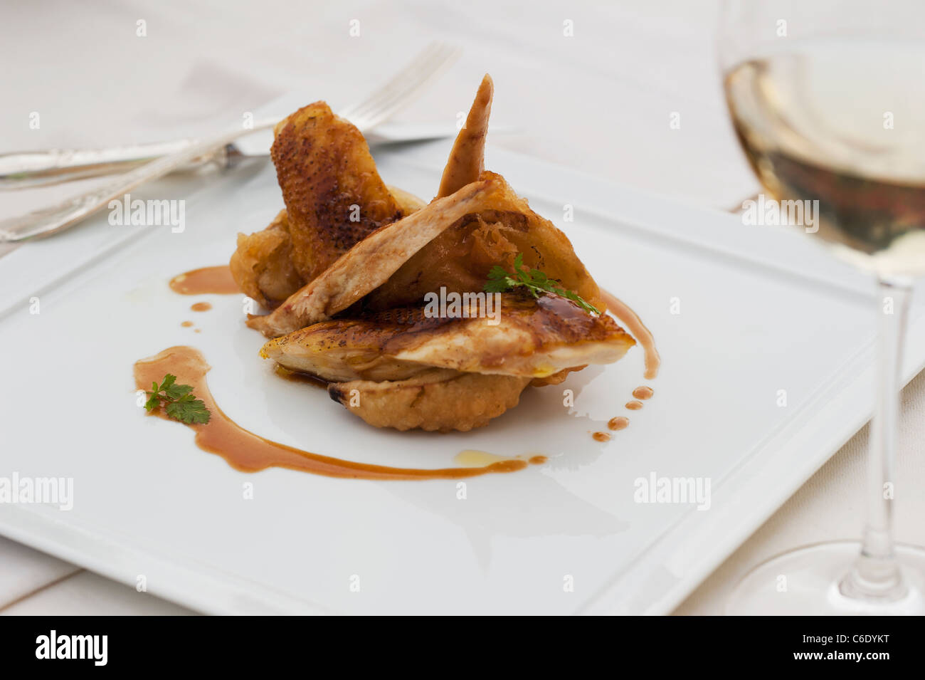 Pollo arrosto sulla piastra con demi-smalto Foto Stock