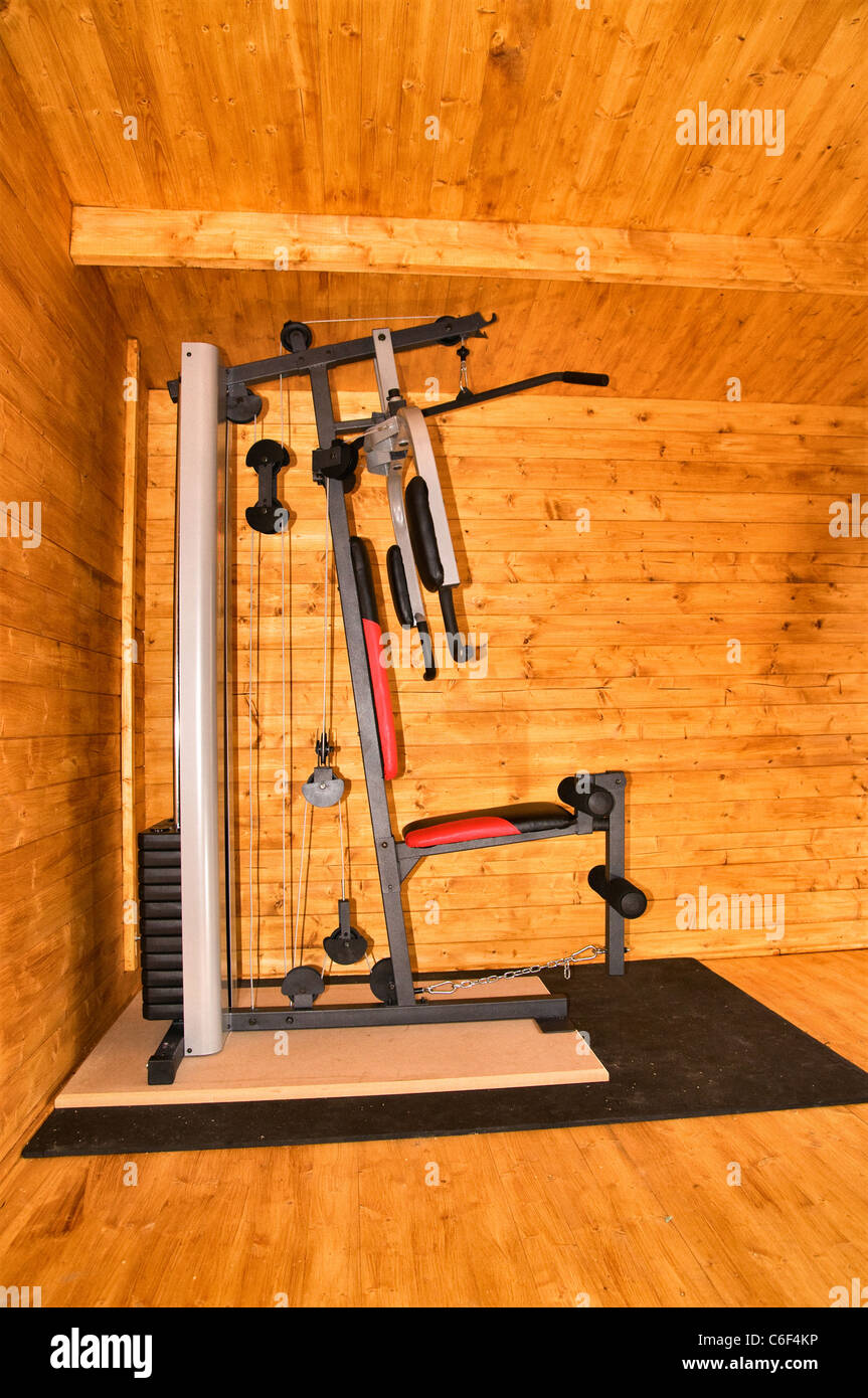 Palestra multifunzione esercizio peso macchina di sollevamento - Weider Pro  2000 All'interno di un log cabin Foto stock - Alamy