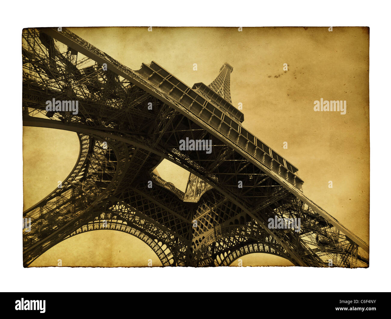 Cartolina Vntage con torre Eiffel isolate su sfondo bianco Foto Stock