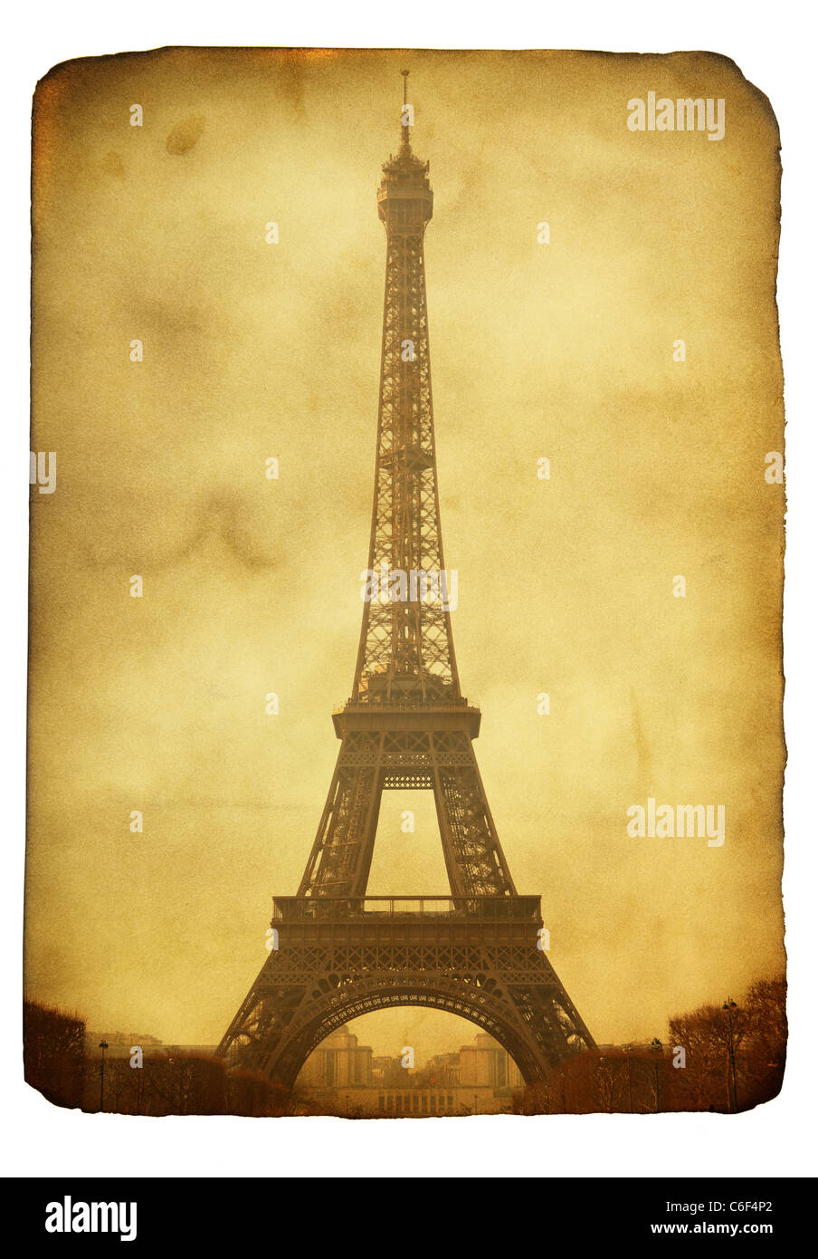 Vntage postcard (imitazione) con la torre Eiffel isolate su sfondo bianco Foto Stock