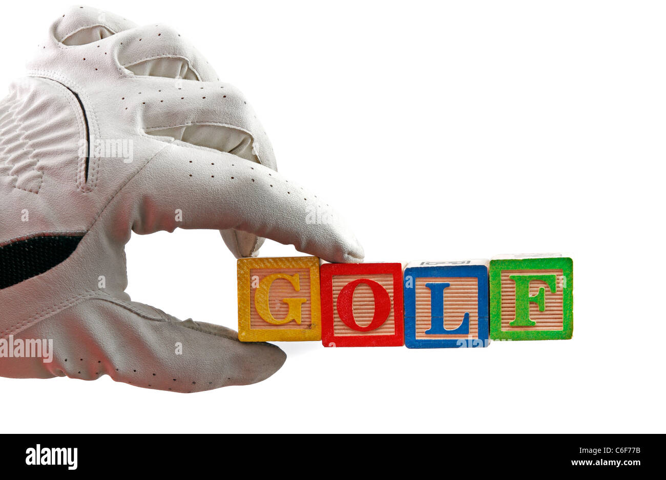 Guanto da golf contiene ABC baby ortografia blocchi "golf". Foto Stock