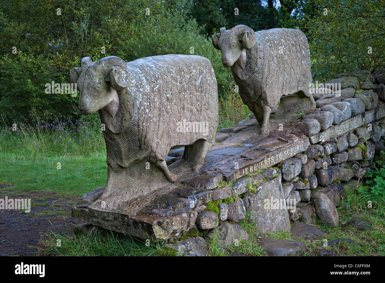 Teesdale - pietra scultura di pecora vicino a bassa forza cascata Foto Stock