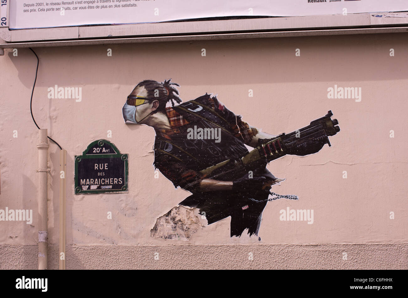 Paris street art di un terrorista in Rue des Maraichers nel xx Arondissement Foto Stock