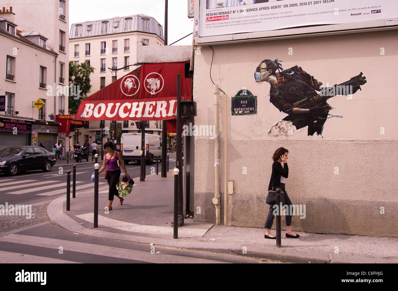 Paris street art di un terrorista in Rue des Maraichers nel xx Arondissement Foto Stock