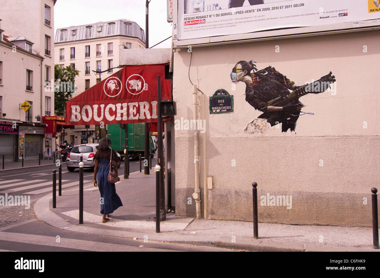 Paris street art di un terrorista in Rue des Maraichers nel xx Arondissement Foto Stock