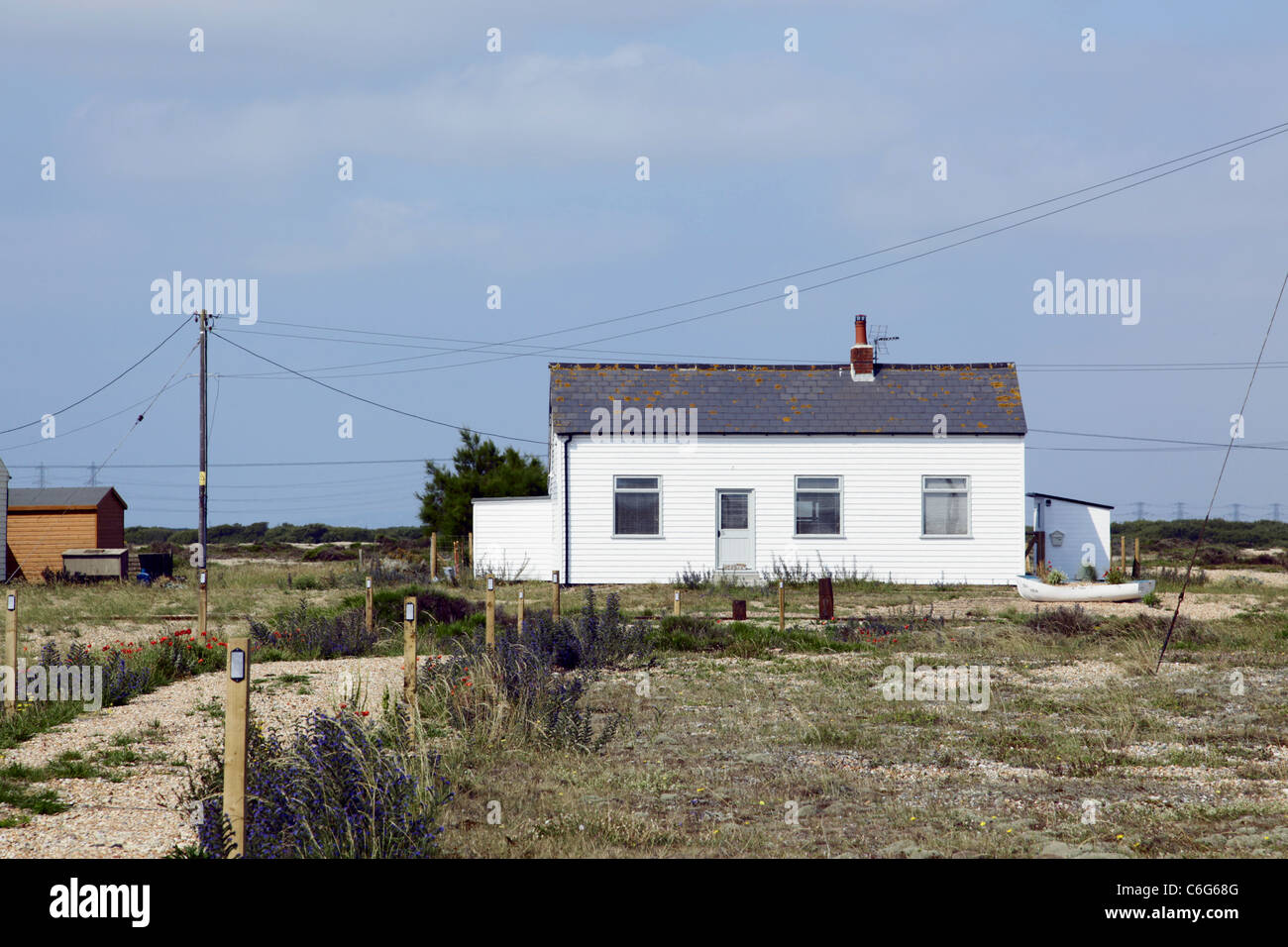 Seaview bianco cottage weatherboard Dungeness Kent Foto Stock