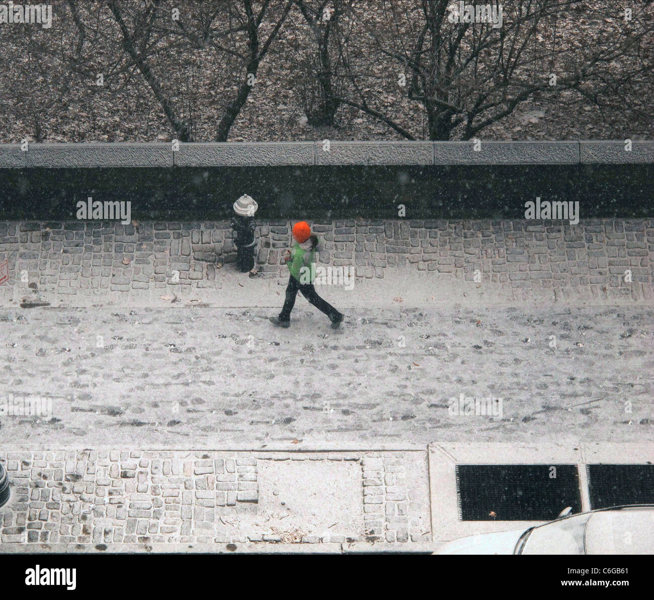 Central Park West, persona passeggiate nella neve w/ Red Hat Foto Stock