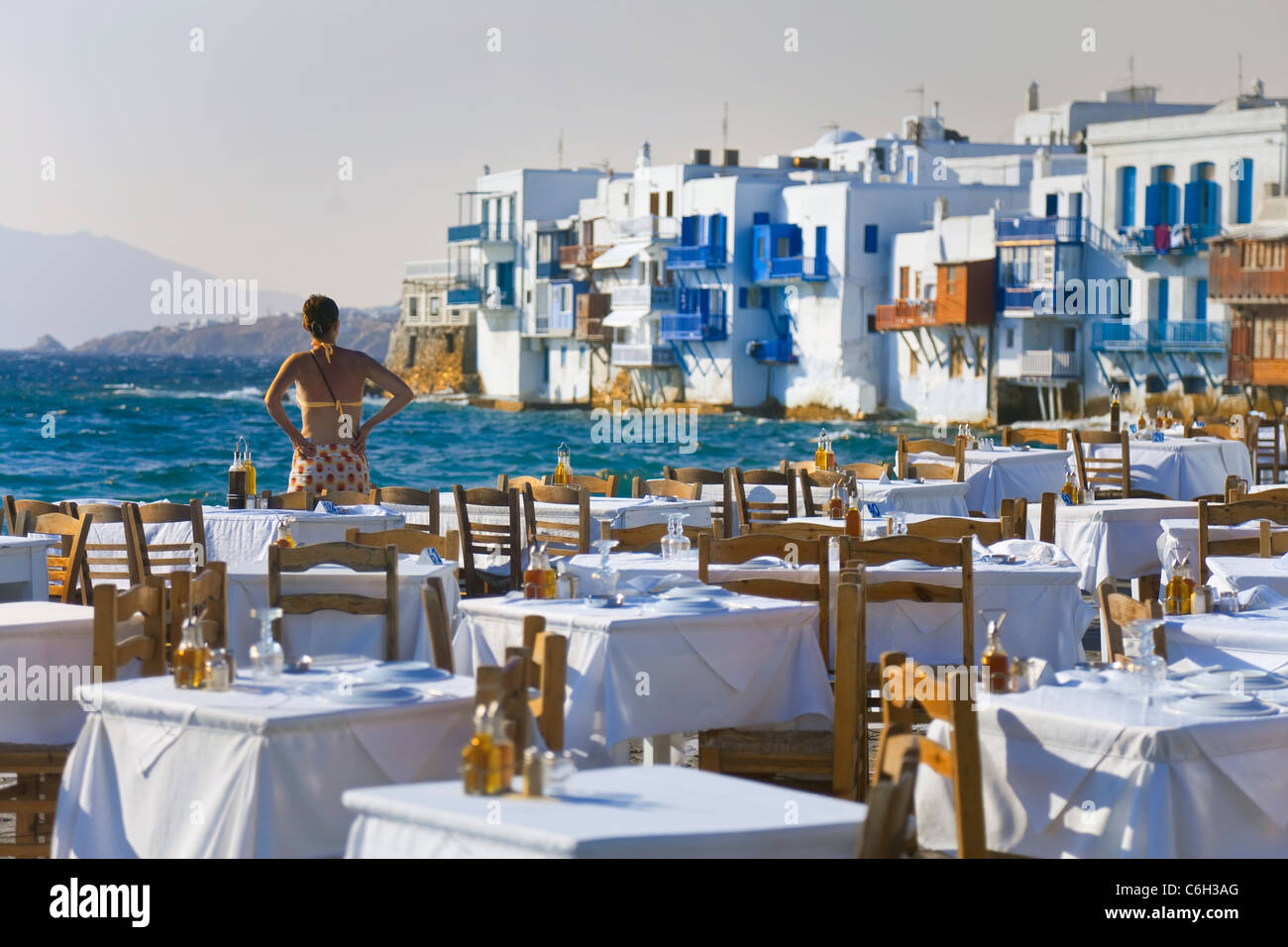 Little Venice waterfront, Mykonos (Hora), Isole Cicladi Grecia, Europa Foto Stock