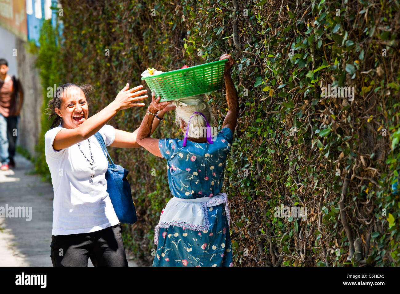 Donna anziana vendono frutta fresca in San Salvador El Salvador Foto Stock