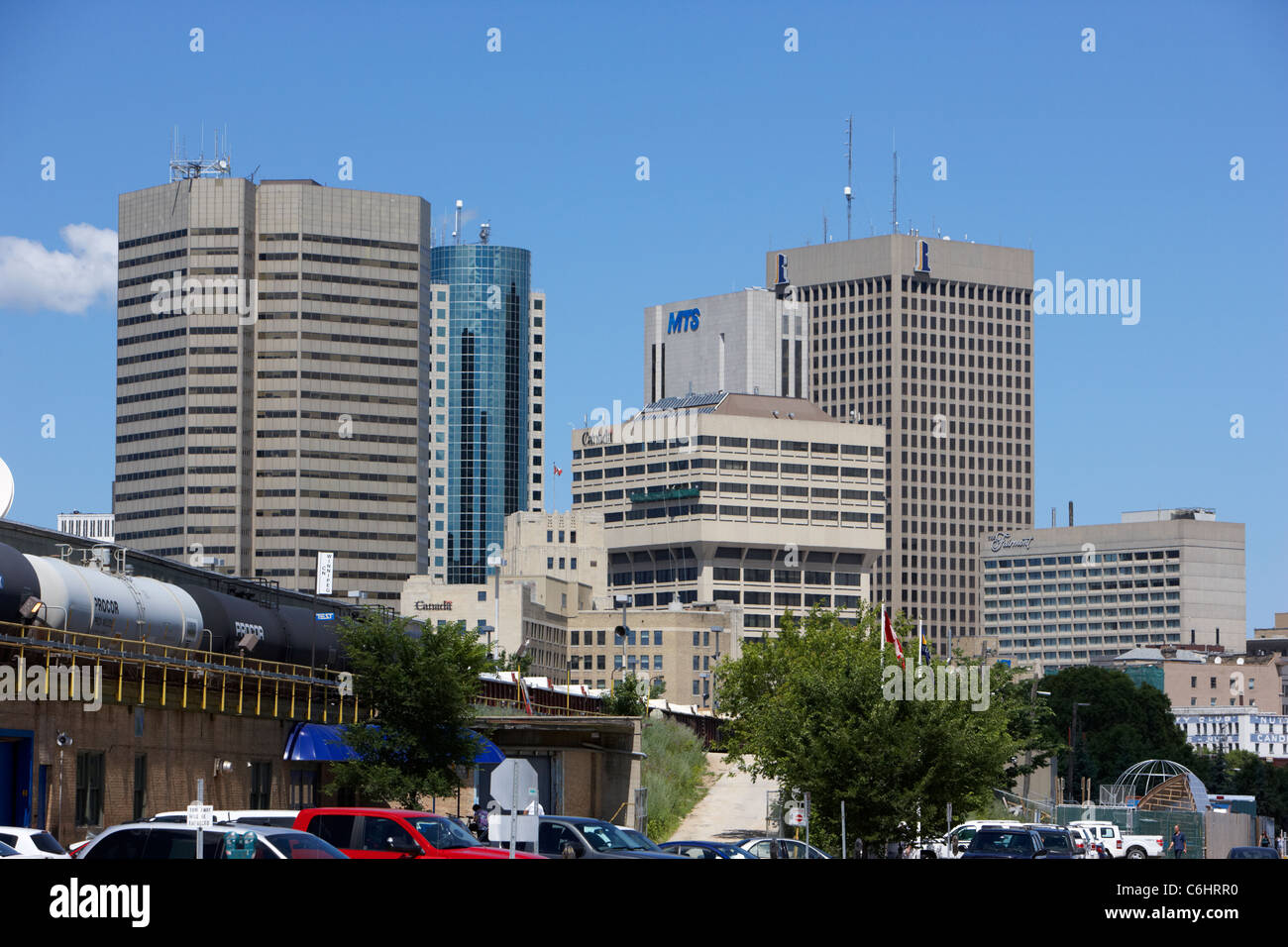Vista del centro città quartiere finanziario e degli affari di Winnipeg Manitoba Canada Foto Stock