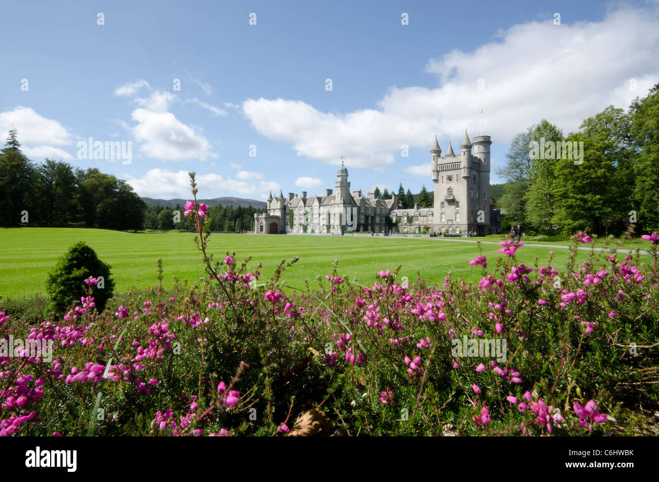 Il Castello di Balmoral Royal Deeside - Queen's residence vista con heather in primo piano Foto Stock