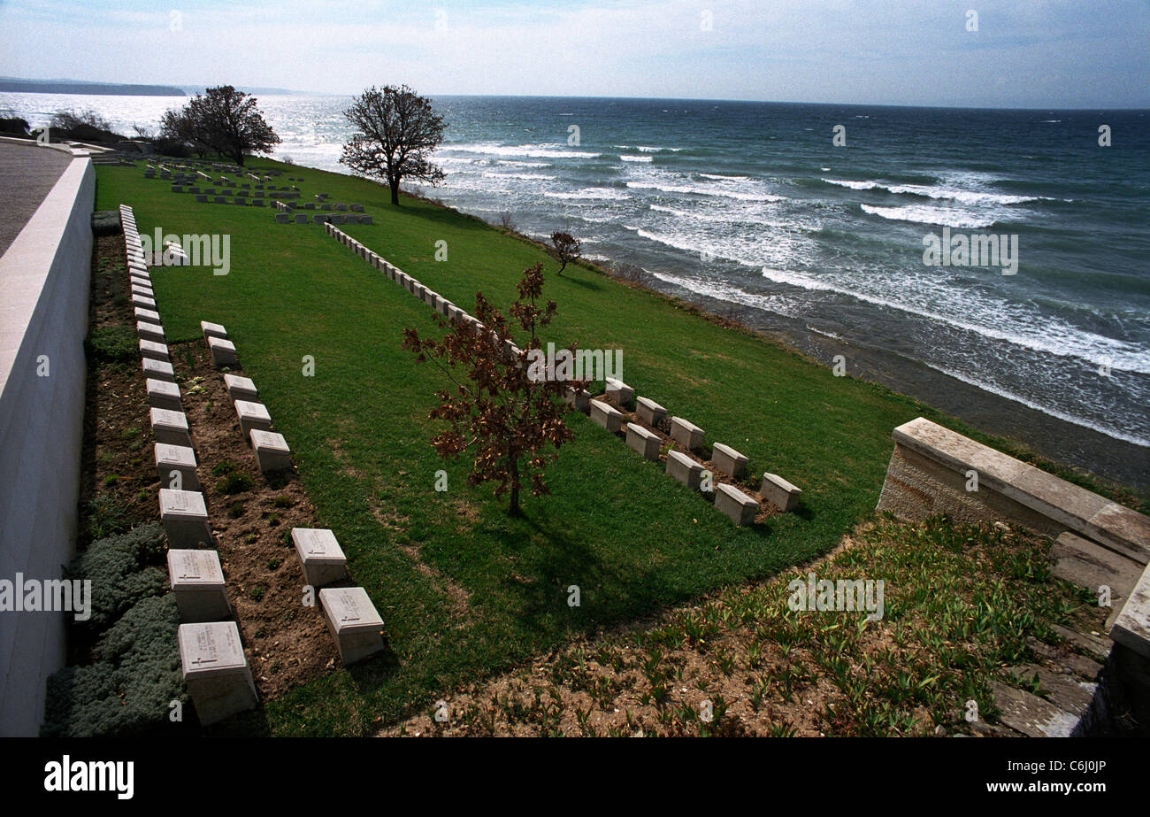 Cimitero in Spiaggia,campo di battaglia di Gallipoli in Turchia dal 1915 campagna. Mantenuto dalla Commissione delle tombe di guerra del Commonwealth. Foto Stock